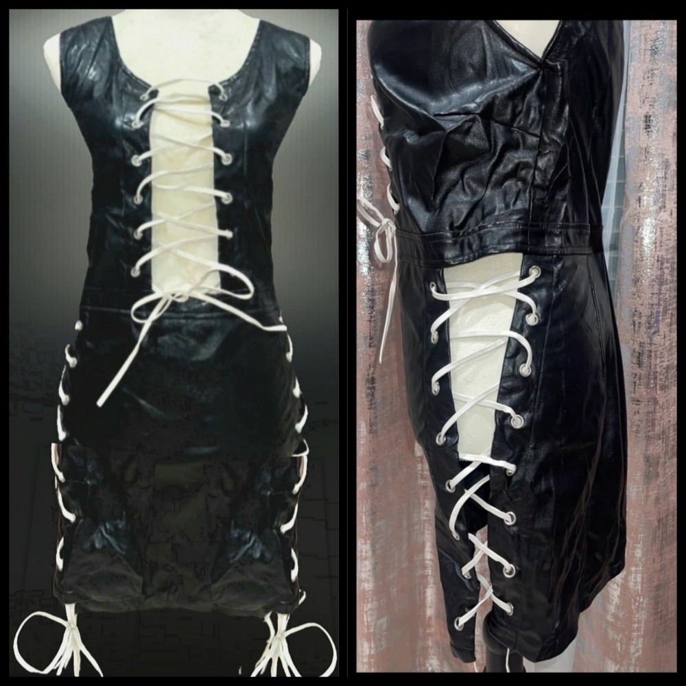 Wildcat caught you staring blk contrast faux leather corset mini dress 1X NWT